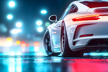 Photo Of A White Sports Car Driving Through A City At Night With Lights And Reflections