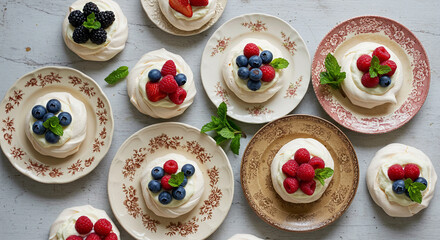 Fototapeta premium Mini Pavlovas with Berries on Antique Plates