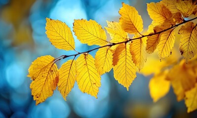 Fototapeta premium Vibrant autumn yellow maple leaves with bokeh forest background in soft sunlight