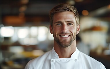 Fototapeta premium Portrait of male chef smiling in white uniform, fine dining restaurant setting with blurred background, professional chef, culinary expert --ar 16:10