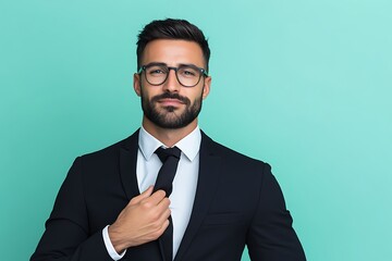 Confident businessman adjusting tie in pastel mint background, professional attire, modern businessman, business elegance --ar 3:2