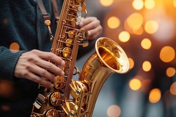 Jazz Day Celebration Saxophonist Playing Golden Saxophone in Warm Sunlight Close-Up Photography
