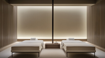 Serene Wellness Center with Soft Lighting and Clean White Linens, Evoking Tranquility and Relaxation