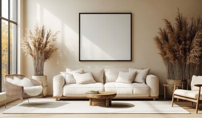 Cozy beige living room with blank picture frame and modern furniture