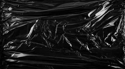 Black plastic wrap texture background with crumpled waves, top view flat lay style for product packaging and branding design. Matte cellophane material featuring dynamic three-dimensional shadows, glo