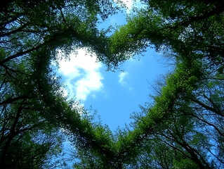 Obraz premium Photo of Heart Shaped Canopy Of Green Leaves And Blue Sky Sunlight View