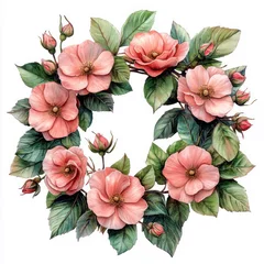 Fotobehang Watercolor Floral Wreath with Pink Roses and Green Leaves for Wedding or Greeting Card Design © Mariya