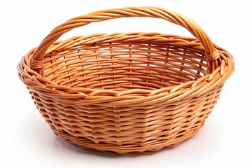 Obraz premium Rustic Light Brown Wicker Basket on White Background - Perfect for Spring & Summer Crafts, Food Photography, or Home Decor Stock Photo