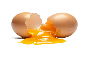 Cracked egg with yolk spreading out Isolated on white background or PNG background .
