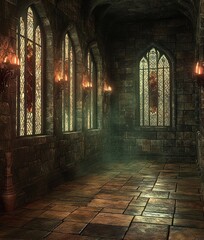 Gothic Fantasy Chamber with Stained Glass Windows and Candlelight