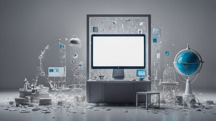 Abstract Workspace with Floating Digital Elements..