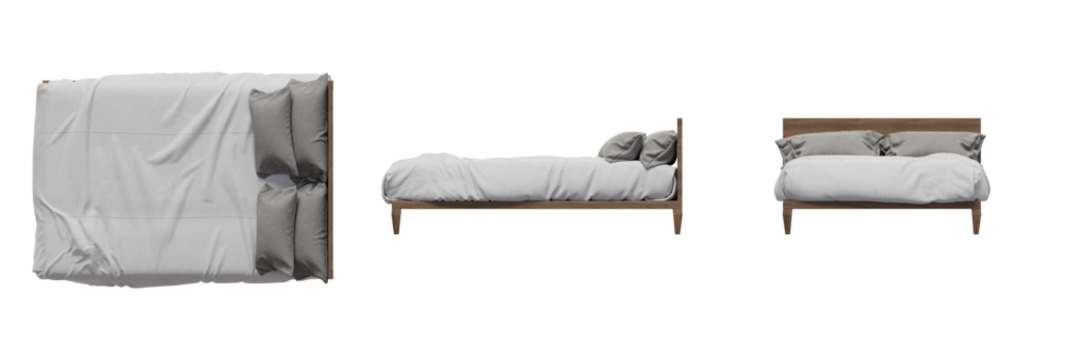 Bed Mattress Sheets Bedroom Top View, Front View, Side View. Isolated Transparent Background