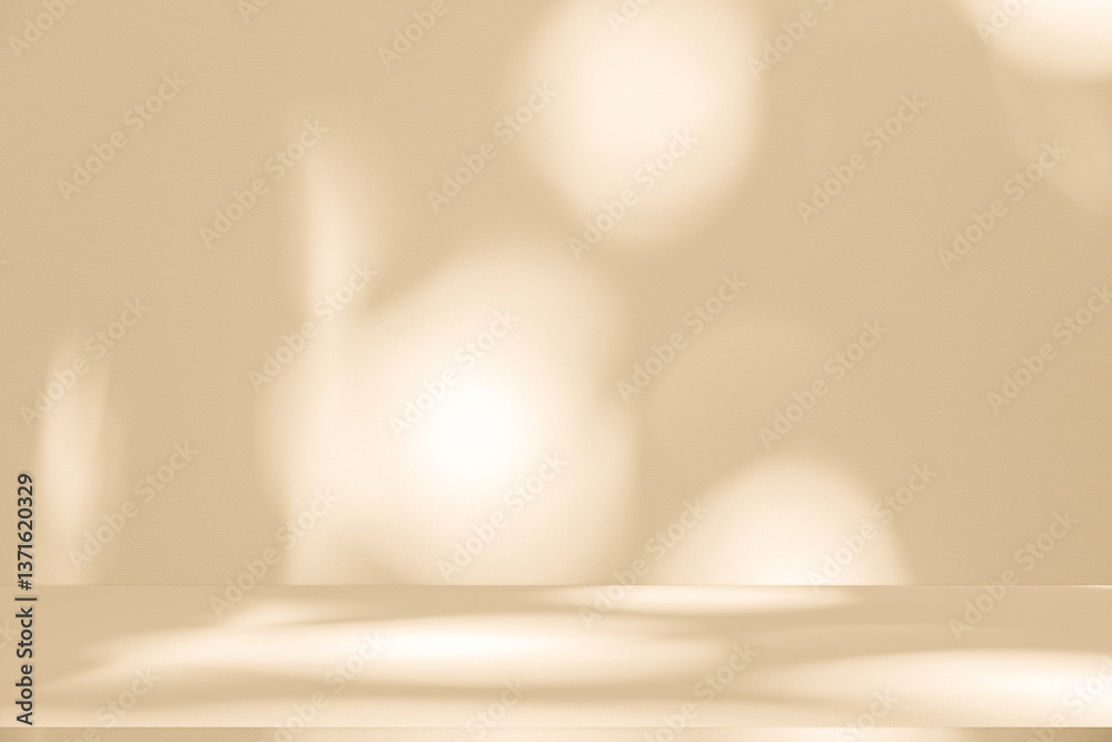Poster Wall interior background, studio and backdrops show products. with leaf shadow from window color beige and white. background for text insertion and presentation of product	

