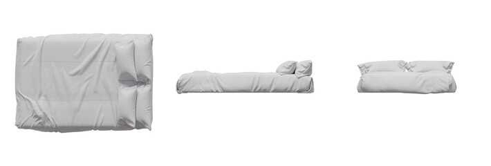 Bed Mattress Sheets Bedroom Top View, Front View, Side View. Isolated Transparent Background
