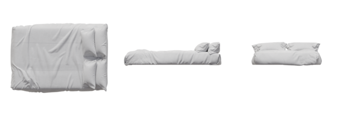 Bed Mattress Sheets Bedroom Top View, Front View, Side View. Isolated Transparent Background