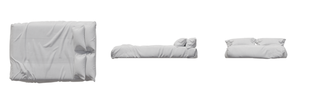 Bed Mattress Sheets Bedroom Top View, Front View, Side View. Isolated Transparent Background