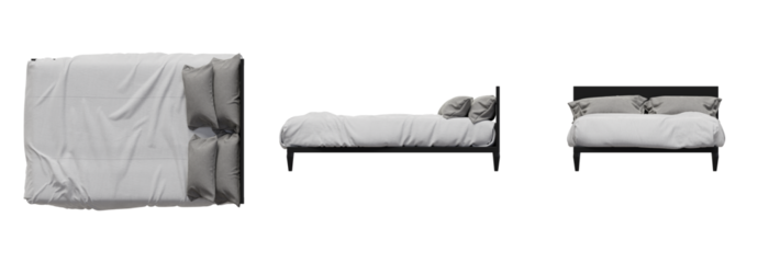 Bed Mattress Sheets Bedroom Top View, Front View, Side View. Isolated Transparent Background
