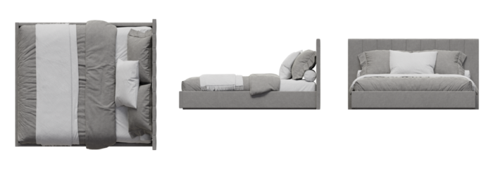 Bed Mattress Sheets Bedroom Top View, Front View, Side View. Isolated Transparent Background