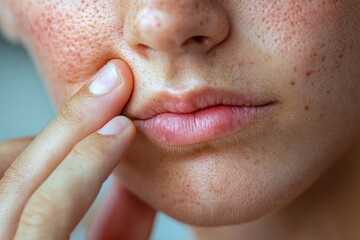Fototapeta premium Close Up of Asian Woman Squeezing Pimple on Face Under Lips and Chin with Natural Skin Texture