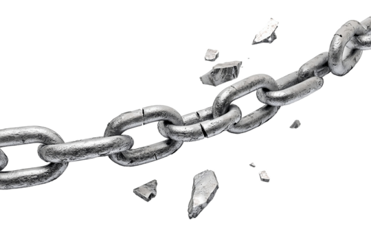 Severed metal chain with broken links Isolated on white background or PNG background .