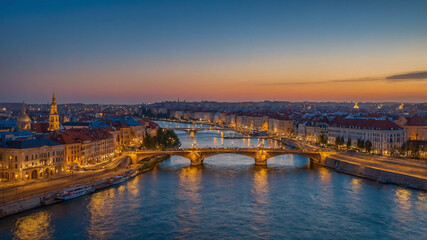 River city panorama at golden hour with glowing bridges