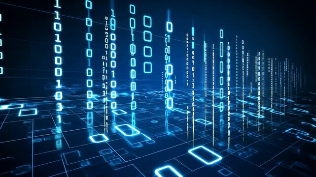 Abstract digital landscape featuring binary code cascading in a futuristic environment with glowing lines and shapes