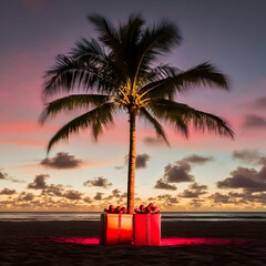 Obraz premium Photo of Palm Tree with Glowing Lights and Gift Boxes at Beach Sunset