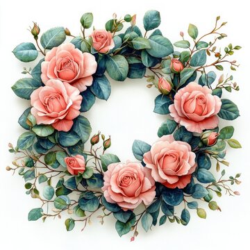recommend clip art: Watercolor floral wreath decoration peach roses blue flowers leaves branches