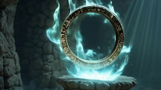  ring floats above a stone pedestal, glowing with arcane blue flames&mdash;its engraved runes whisper of a forgotten power sealed deep within the earth.








