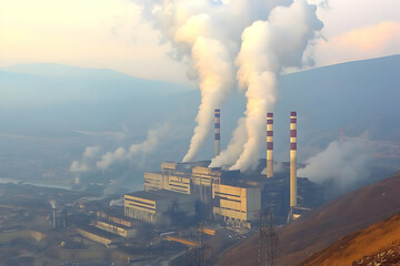 Photo of Power Plant with Smoke Stacks at Sunset Over Industrial Area