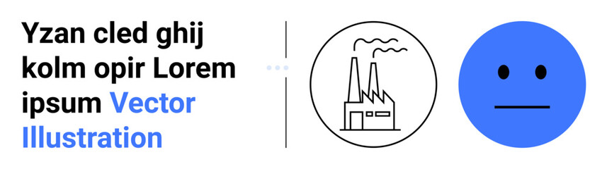 Factory icon emitting smoke paired with blue neutral expression face representing environmental concerns, manufacturing, emotions, corporate impact, technology, pollution, and simple landing page