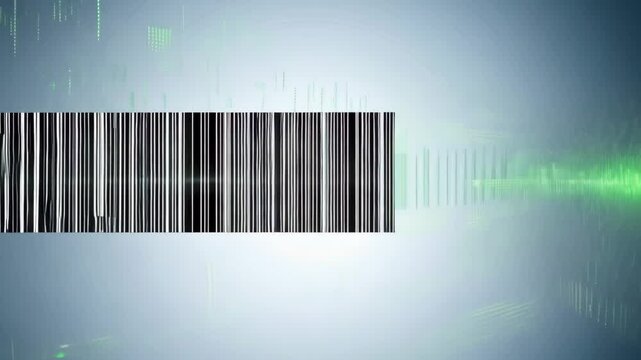 A white and black barcode scanning animation with green light effects, symbolizing digital commerce and product identification