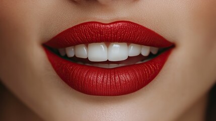 Fototapeta premium Red lipstick lips, slightly open, white teeth, beauty and cosmetics.