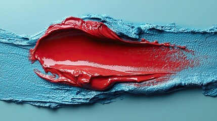 Red lipstick smears on light blue, a textured shape, showing color.