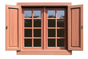 Photo of Wooden Window Frame with Open Shutters and Clear Glass Isolated