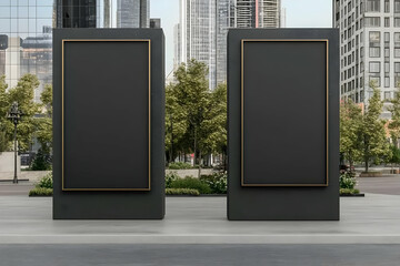 Photo of Two Black Rectangular Billboards With Golden Frames Outdoors