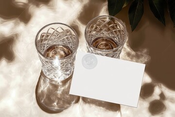 Elegant Summer Still Life Composition of Crystal Glasses Water Mockup and Blank Card