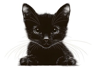 Fototapeta premium Adorable black kitten portrait illustration with intense gaze looking directly at viewer paws resting on surface perfect for pet lover designs.