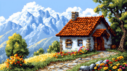 Fototapeta premium Pixel Art Cottage Nestled Among Rolling Hills and Mountainous Backdrop with Blue Sky