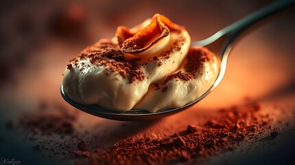 Spoonful of Tiramisu dessert, close-up