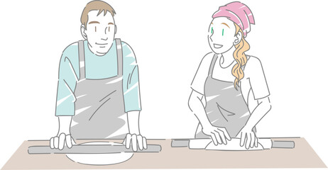 蕎麦打ち体験教室を楽しむ外国人カップル