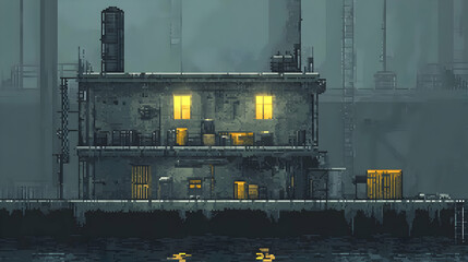 Fototapeta premium Pixel Art Depiction of an Industrial Building at Night Reflecting on Water under Misty Weather Conditions