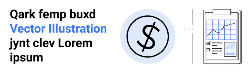 Circular dollar sign icon next to a clipboard displaying line graph and documents. Ideal for finance, investment, business analysis, accounting, budgeting, strategy, simple landing page