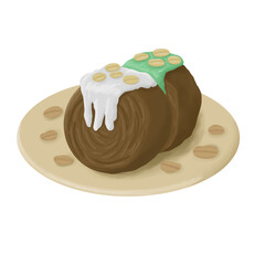 A Unique Cromboloni Pastry Creation: Layered, Round Delight Topped with White and Green Frosting and Coffee Beans, on a Rustic Plate