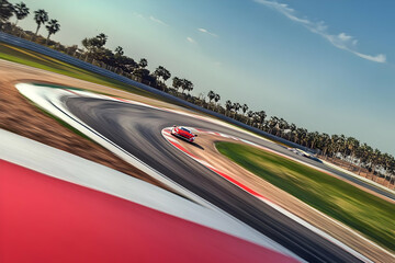 Naklejka premium Race Car On Racing Track with Red and White Curves under Blue Sky Photo