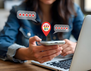 A close-up of a person holding a smartphone with a digital overlay of a local business icon, including a small shop with a red location pin on top Generative ai