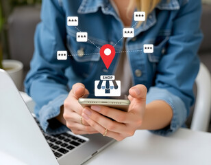 A close-up of a person holding a smartphone with a digital overlay of a local business icon, including a small shop with a red location pin on top Generative ai