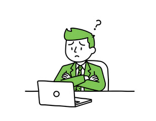 A minimalist digital illustration of a worried businessman sitting at a desk with a laptop, Generative ai