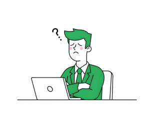 A minimalist digital illustration of a worried businessman sitting at a desk with a laptop, Generative ai