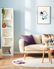 A stylish and cozy modern living room with a pastel blue wall. A cream-colored curved sofa is adorned with a textured purple pillow and a colorful throw blanket. Generative ai